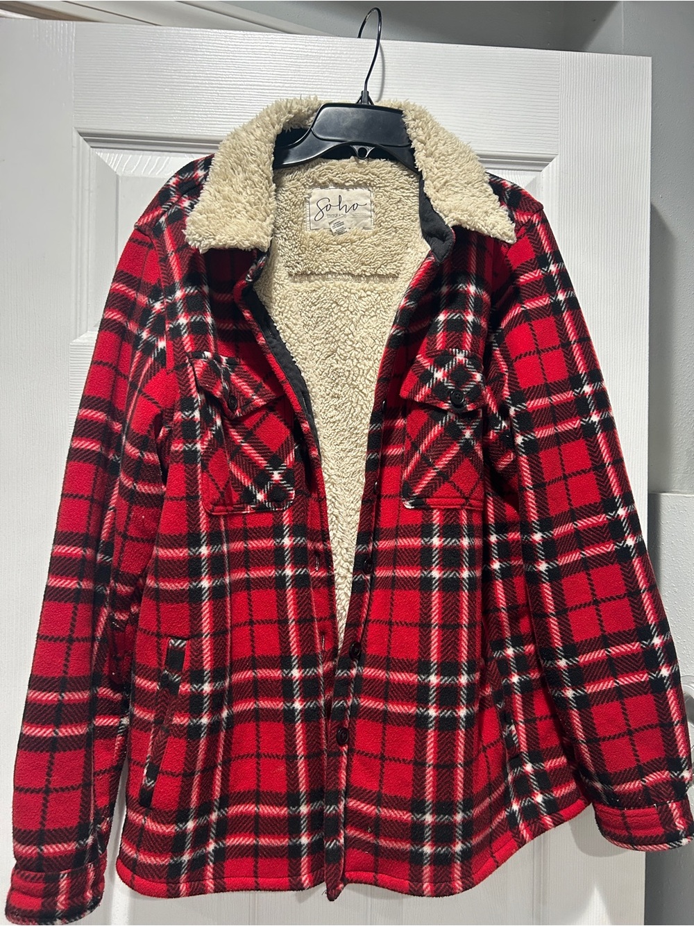Soho Apparel Red & Black Plaid Sherpa Jacket